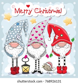 Greeting Christmas card with Three cute Gnomes on a blue background