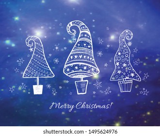 Greeting christmas card with three ornated doodle christmas tree on glowing night sky background.