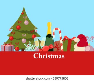 Greeting Christmas card. Christmas tree, gift and champagne. Vector illustration