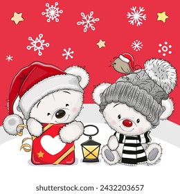 Greeting Christmas card with Two Cartoon Polar Bears on a red background