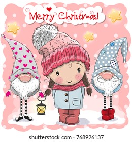 Greeting Christmas card with Two cute Gnomes and girl on a pink background