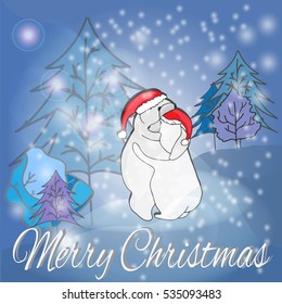Greeting Christmas card. Greeting  card with two hugging bears. Happy Holidays grreting card