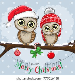 Greeting Christmas card Two Owls on a branch