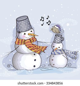 Greeting Christmas card two Snowman and a bird