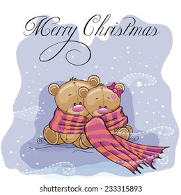 Greeting Christmas card two Teddy Bears wrap up in a scarf