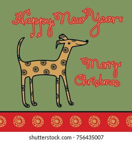 Greeting Christmas card. Christmas vector. Design a picture of a dog on green background