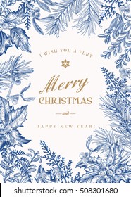 Greeting Christmas card in vintage style  Winter background  Vector frame and pine branches  berries  holly  mistletoe    ferns  Botanical illustration  Blue 