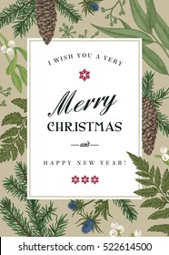 Greeting Christmas card in vintage style. Winter background. Vector frame with fir branches, mistletoe, eucalyptus and ferns. Botanical illustration. Kraft.