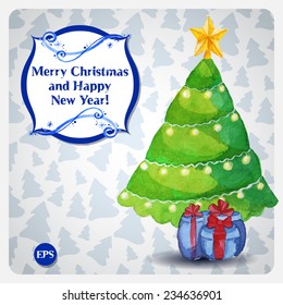 Greeting christmas card with watercolor tree, presents and frost