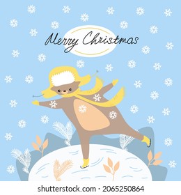 Greeting Christmas card whith ice skating bear