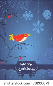 Greeting Christmas card. Winter blue background with snowflakes and a bird on a branch.