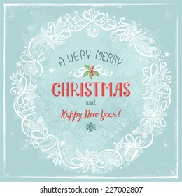 Greeting Christmas card with wreath of holiday symbols, hand-drawn illustration in vintage style.