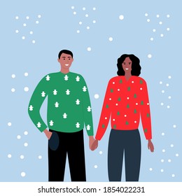 Greeting Christmas card of young black man and woman in festive winter clothes on a snowy background. Happy New Year! Merry Christmas! Cartoon flat vector.