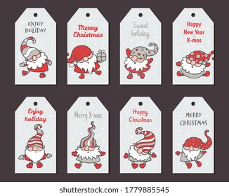 Greeting Christmas cards or badges design set with cartoon gnome or dwarf, flat vector illustration isolated on background. Christmas tags or labels for gift package.