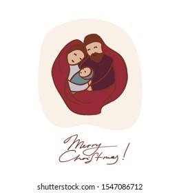 Greeting Christmas card,with baby Jesus, Mary and Josef, hand drawn illustration and lettering Merry Christmas, flat minimal style.