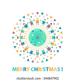 Greeting Christmas. Children  and  Christmas tree. Vector flat illustration. For cards, invitations, backgrounds, arts and scrapbooks. 