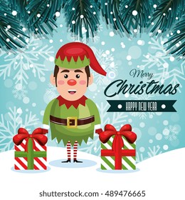 greeting christmas elf and gifts with snowfall design