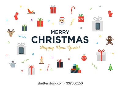 Greeting Christmas and Happy New Year Card with bunch of gifts and christmas objects