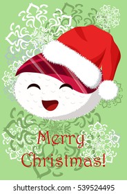Greeting Christmas illustration with the image of funny onigirii. Can be used for greetings in mobile and computer games, online, in cafes, restaurants and other
