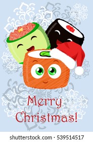 Greeting Christmas illustration with the sushi. Can be used for mobile and computer games, in cafes, restaurants or other