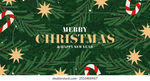 Greeting Christmas and New Year banner. Trendy vector illustration with candy canes, stars, Christmas tree and typography design. New Year banner for card, poster, cover, social media.