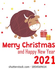 Greeting Christmas and New year card with cute funny bull and presents. Merry Christmas and Happy New Year. Holiday seasons greetings.  