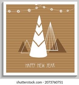 Greeting Christmas or New Year card, invitation. White Christmas tree on craft background and Happy New Year