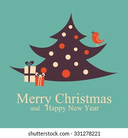 Greeting Christmas and New Year card Christmas tree. Vector Illustration.