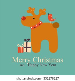 Greeting Christmas and New Year card with deer