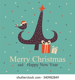 Greeting Christmas and New Year card with Christmas tree. Vector Illustration.