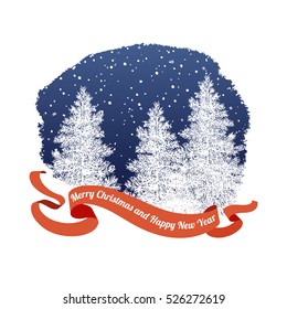 Greeting Christmas and New Year card.  Decorative background in white and blue colours with snowfall, hand drawn snow-covered trees and red ribbon with greeting text