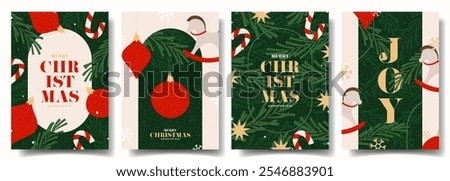 Greeting Christmas and New Year posters. Trendy vector illustration with Christmas balls, horse toy, Christmas tree and typography design. New Year flyers for card, poster, cover, social media.