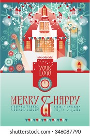 Greeting Christmas and New Year Vector Card with Winter House and Christmas Tree.