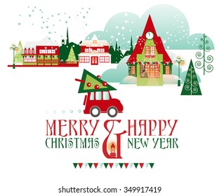Greeting Christmas and New Year Vector Cards  with Winter Cityscape in Retro Style
