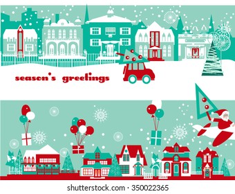 Greeting Christmas and New Year Vector Cards  with Winter Cityscape.
