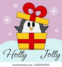 Greeting Christmas postcard with cute Penguin in gift box