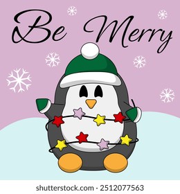 Greeting Christmas postcard with cute Penguin with garland