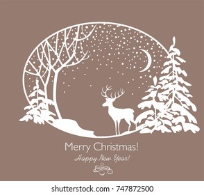 Greeting Christmas retro card with cut out paper firs, tree, reindeer and snowfall