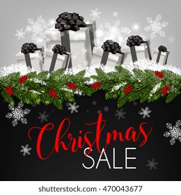 Greeting Christmas Sale banner with gifts and fir tree wreath and snow