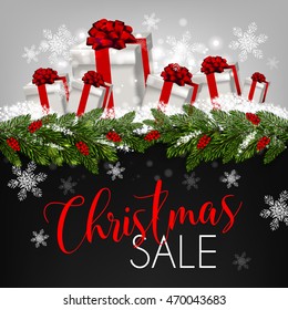 Greeting Christmas Sale banner with gifts and fir tree wreath and snow