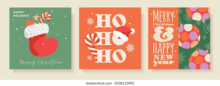 Greeting Christmas set of cards for posters or flyers with bright colours, Santa hat, boot, sweet, toy, snow, snowflakes, vector