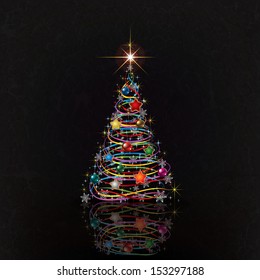 greeting with Christmas tree on black grunge background