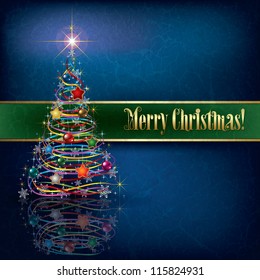 greeting with Christmas tree on blue grunge background