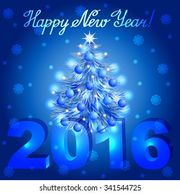 Greeting with Christmas tree on blue background