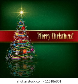 greeting with Christmas tree on green grunge background