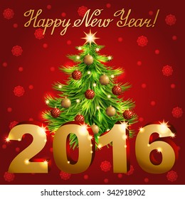 Greeting with Christmas tree on red background