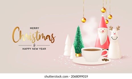 Greeting coffee and merry christmas with 3d realistic art style with pastel color scheme vector illustration