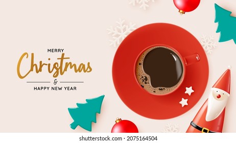 Greeting coffee and merry christmas with 3d realistic art style with pastel color scheme vector illustration