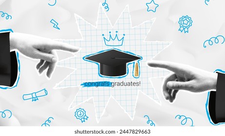 Greeting collage of graduation ceremony. Vector collage with halftone hands pointing fingers to graduation cap. Graduation collage for decoration social media, poster, degree ceremony.