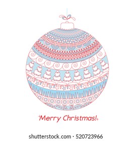 Greeting color Christmas card with Hand drawn ball with doodle decorative elements. Blue and red pattern holiday greeting or invitation cards, print, wrapping paper. Vector illustration.